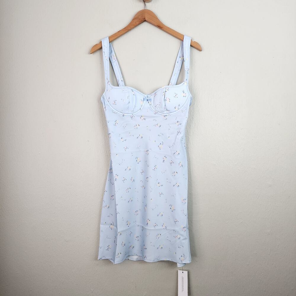 Rumored Loverboy Mini Dress Forget Me Not Blue Floral Bustier Satin NWT Medium M